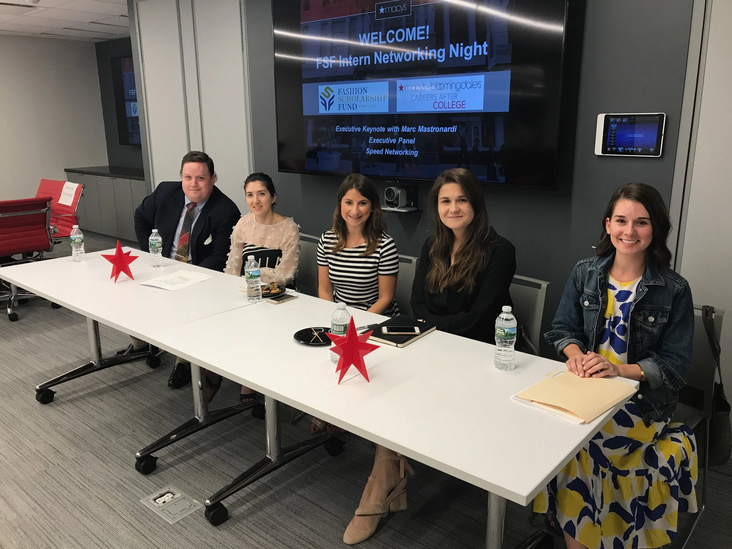 After Marc spoke, our scholars were given the opportunity to hear from a panel of FSF alumni who are currently employed at Macy’s in a wide array of departments. The alumni in attendance were Patrick McCabe, Designer for Men's Dress Shirts and Neckwear, Felicia Podberesky, Associate Designer for JM Collection, Abbie Luzecky, Omni Associate Merchandise Planner, Marlena Meyer, Analytical Consulting Manager, and Samantha Duke, Product Manager for Men's Dress Shirts. Nicole Rosario, a member of Macy’s Human Resources Executive Development Program, moderated the panel. Nicole began by asking the alumni to go over what their job entails and the role they play within the company. “I work in product development,” said Samantha. “I went to school for fashion merchandising and always knew I wanted to do something outside of buying, but wasn’t really quite sure what it was. I think product development is the perfect combination of the art and the science of this industry. There’s a lot of math, science, and business analytical skills involved, but there is also a very fun, creative, product-focused side to it. When you’re in product development at Macy’s, you get to touch every single part of the organization in one day. You’re constantly in connection with your buyer and your planner, creating strategies for the season you’re going into. You’re working on so many things at once. You have to constantly be thinking ahead.” 