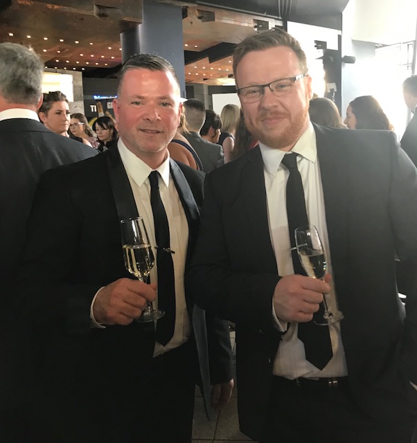 Gary Stewart (L) and his Front of House Manager Paul Kane (R) enjoy the festivities pre-dinner at the Gala Bash held in Titanic Belfast