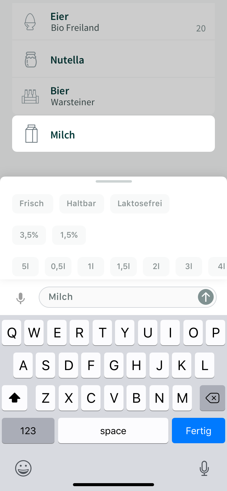 Smart chips also suggest quantities and attributes specific to the category.