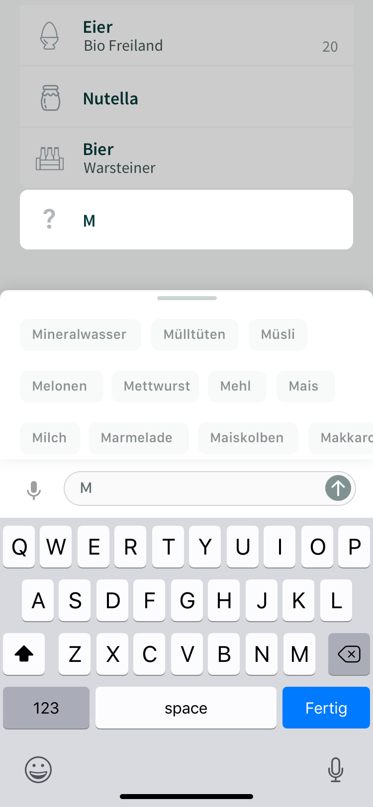 The "add items to the list" mode feels like a messenger interface allowing one-handed touch gesture and voice control.