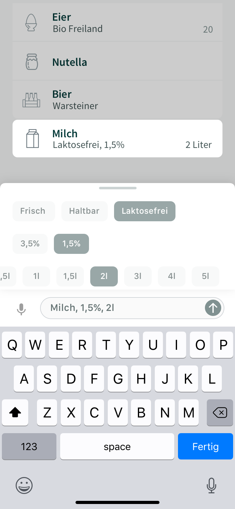 Tapping on the "up" arrow puts the item (including quantities and attributes) on the shopping list.