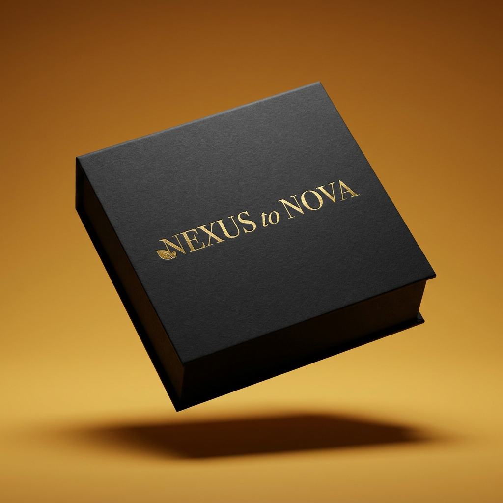 A black box with gold lettering that says "NEXUS to NOVA" resting against a warm gradient background.