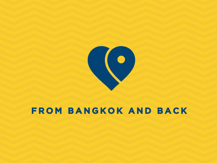 Yellow background with a dark blue heart-shaped map marker icon and the text "From Bangkok and Back" in bold capital letters.