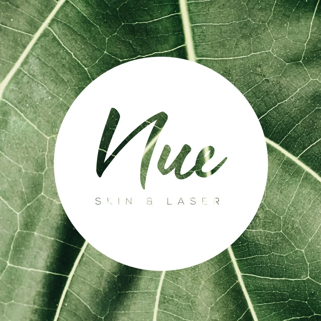 Logo for Nue Skin & Laser over a background of green leaves.