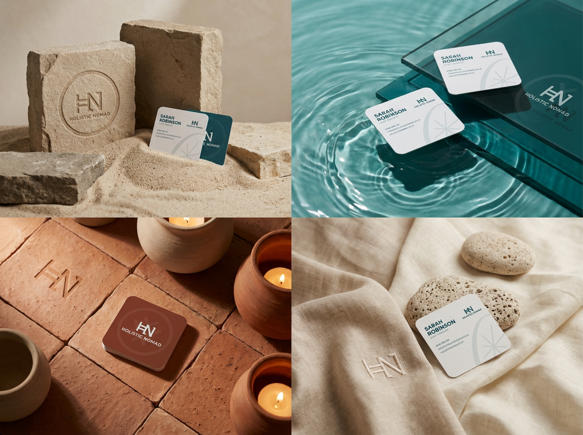 Four images showing business cards and branding materials for Holistic Nomad in various settings. The top left features a sand and stone display with a card and embossed logo. The top right shows two cards on a glass surface by water. The bottom left