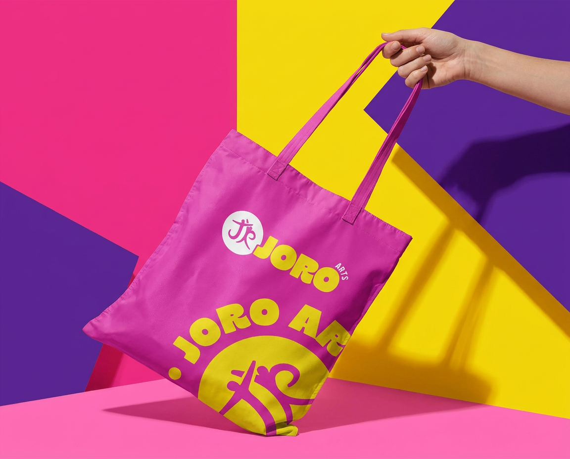 Pink tote bag with yellow and purple text and graphics being held by a person's hand, pink, purple, and yellow background.