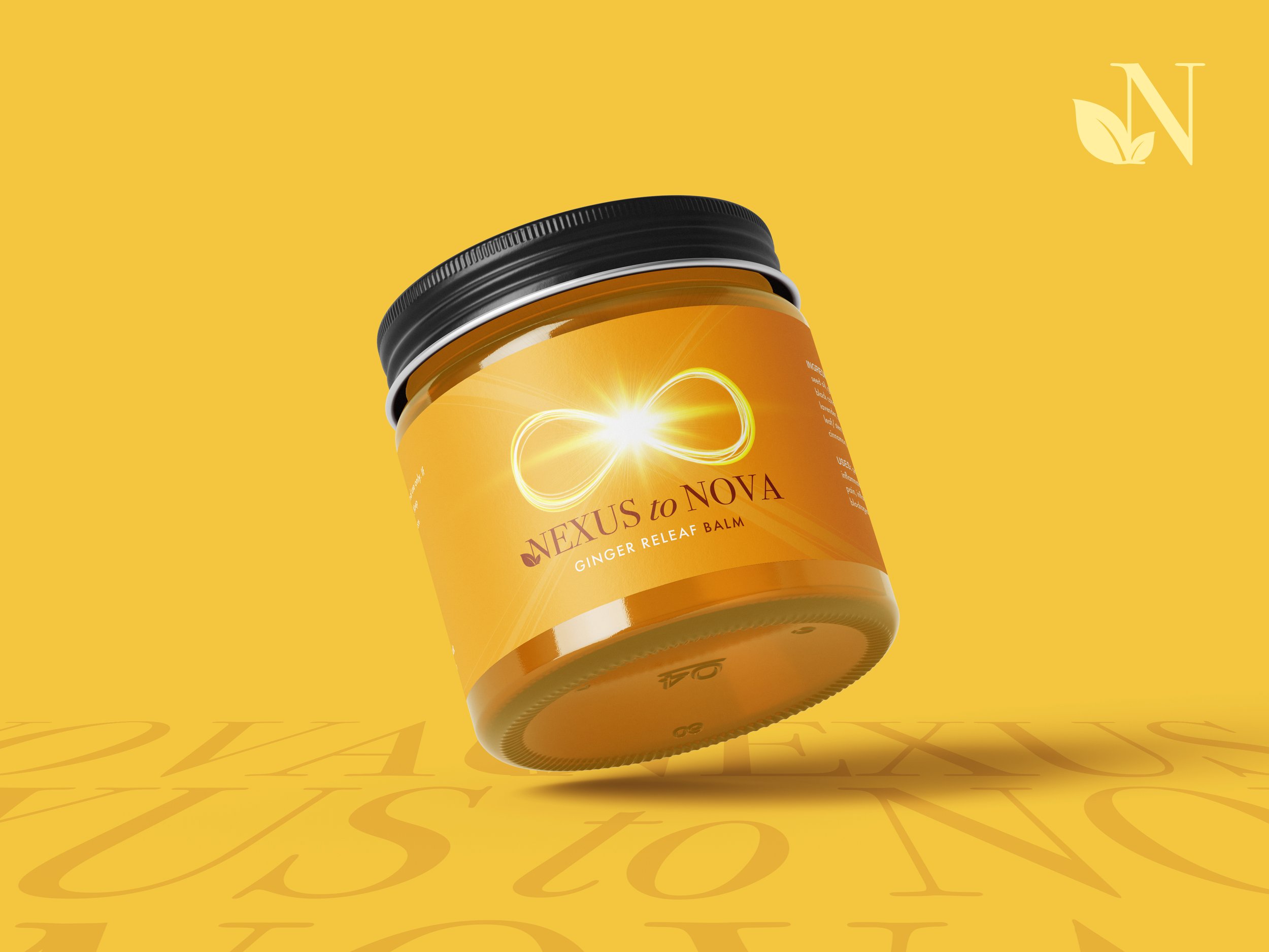 A yellow container labeled 'Nexus to Nova Ginger Releaf Balm' with the lid slightly open, set against a yellow background with a subtle pattern of swirling lines.