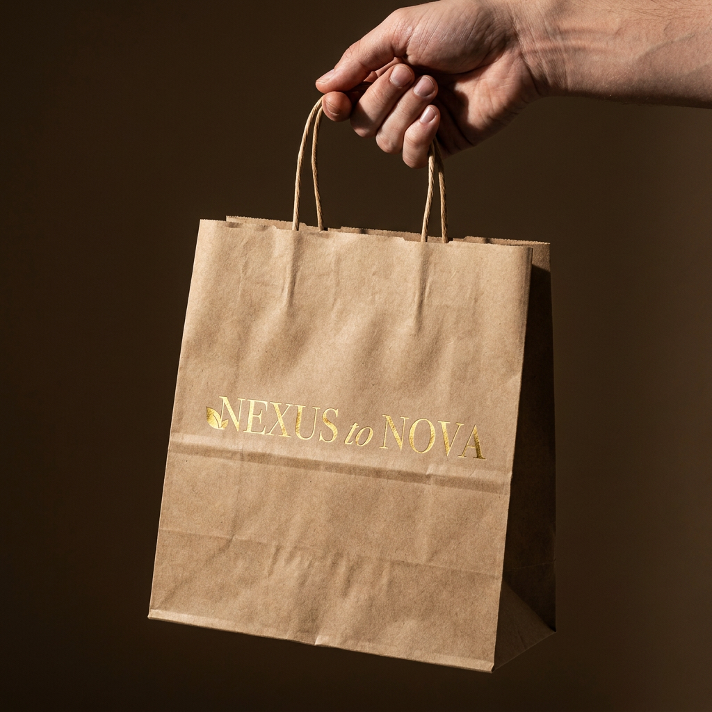 A person holding a brown paper shopping bag with twisted handles, branded with the text 'NEXUS to NOVA' in gold lettering.