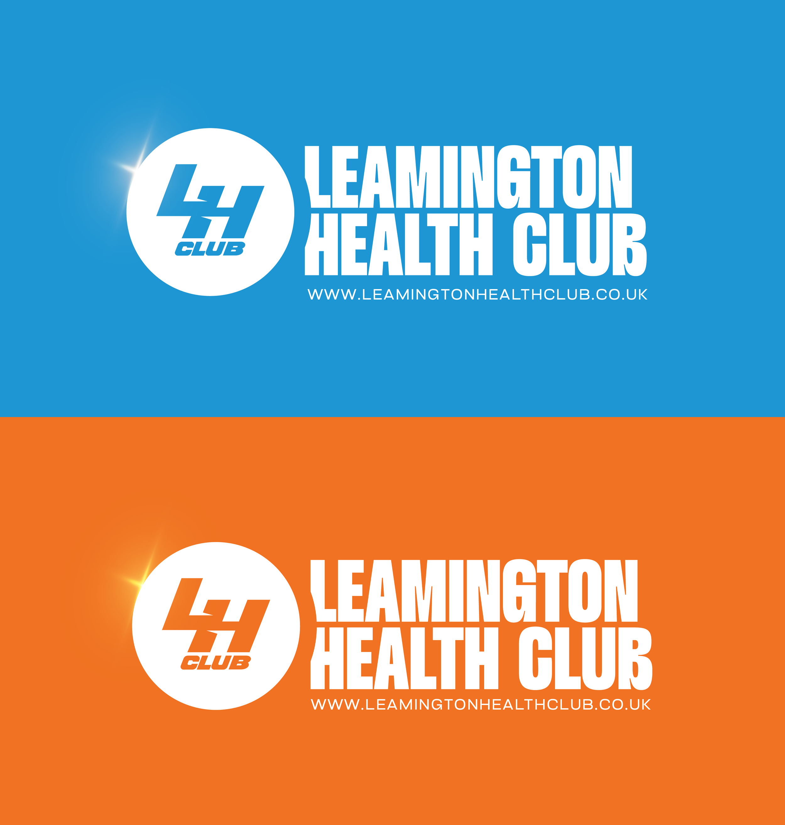 Blue background with Leamington Health Club logo, website, and orange stripe at the bottom.