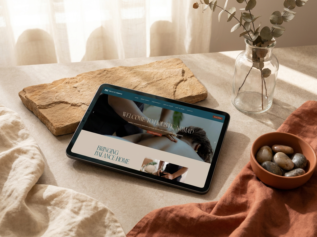 Tablet displaying a website titled "Welcome to Holistic Nomad" on a beige table with a glass jar of eucalyptus, a terracotta bowl with stones, a fabric cloth, and a large stone piece.