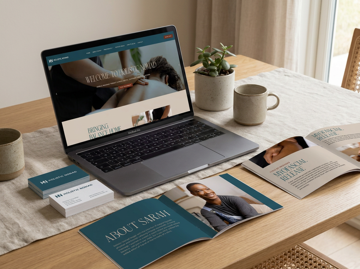 Open laptop on a wooden table displaying a website called 'Holistic Nomad,' surrounded by brochures, business cards, and a potted plant, with a window and curtains in the background.