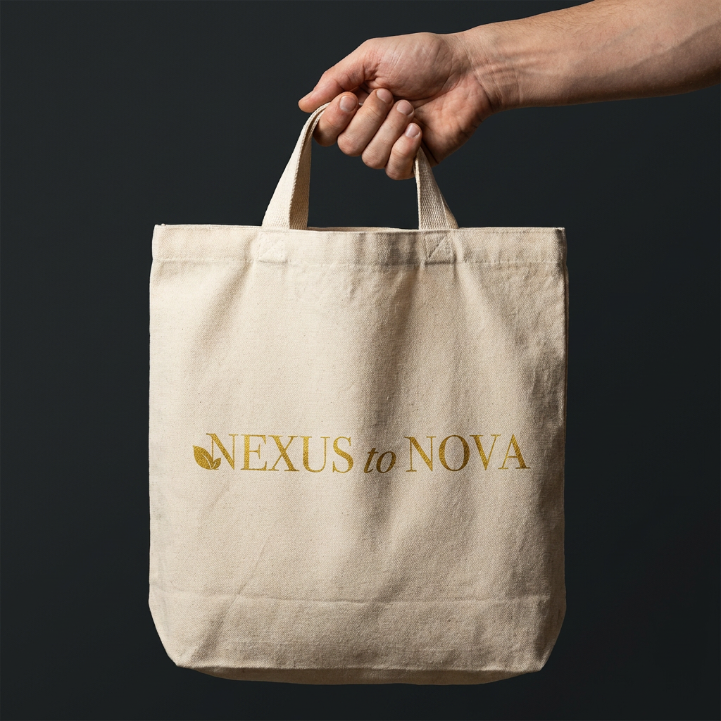 A hand holding a beige tote bag with the words 'NEXUS to NOVA' printed in gold on it over a dark background.
