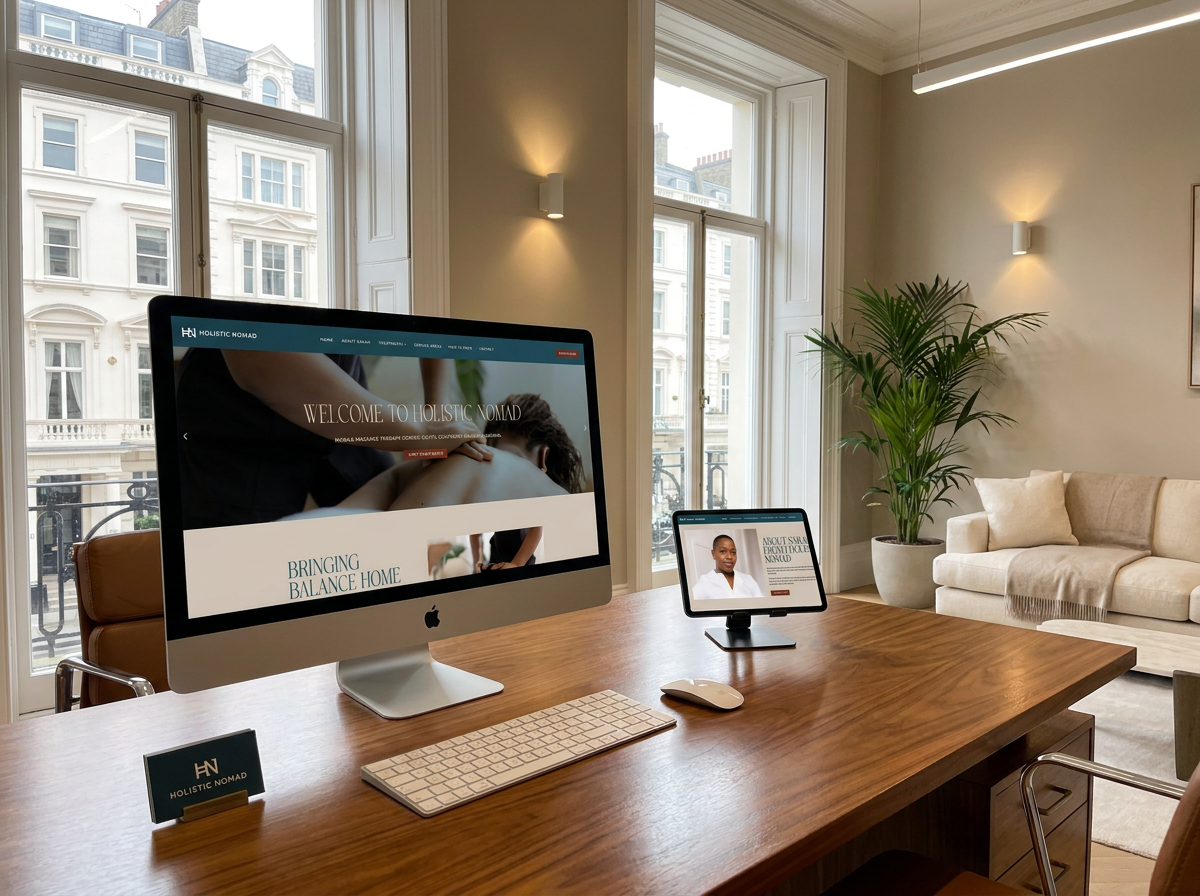 Office space with a wooden desk holding an iMac computer, a tablet, a keyboard, a mouse, and a small sign with the 'Holistic Nomad' logo. Large windows with city views, a beige sofa with pillows, a potted plant, and wall-mounted lights in a bright, m
