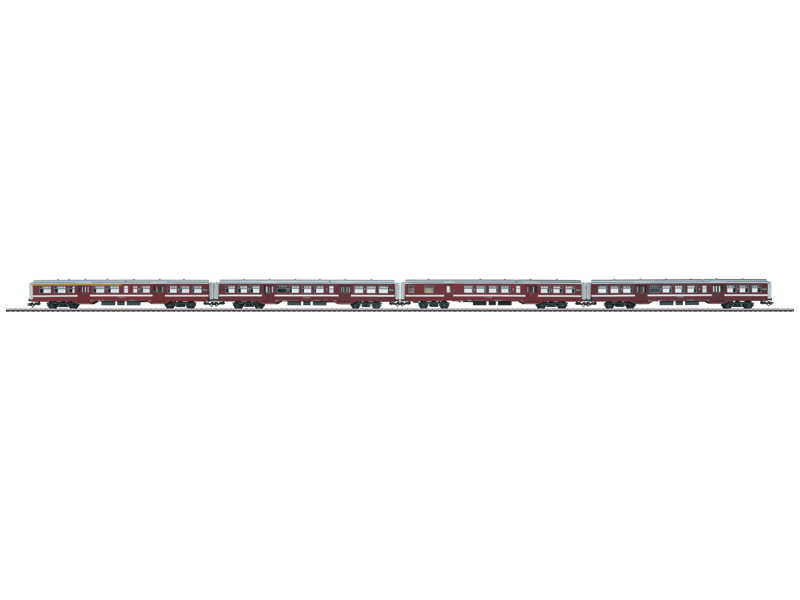 Märklin 43545: Set M2 Rijtuigen van de NMBS in Bordeaux kleur. Deze rijtuigen waren op het Belgische net actief van 1958 tot 2002. Werden zowel door Diesel als Elektrische treinen getrokken.
