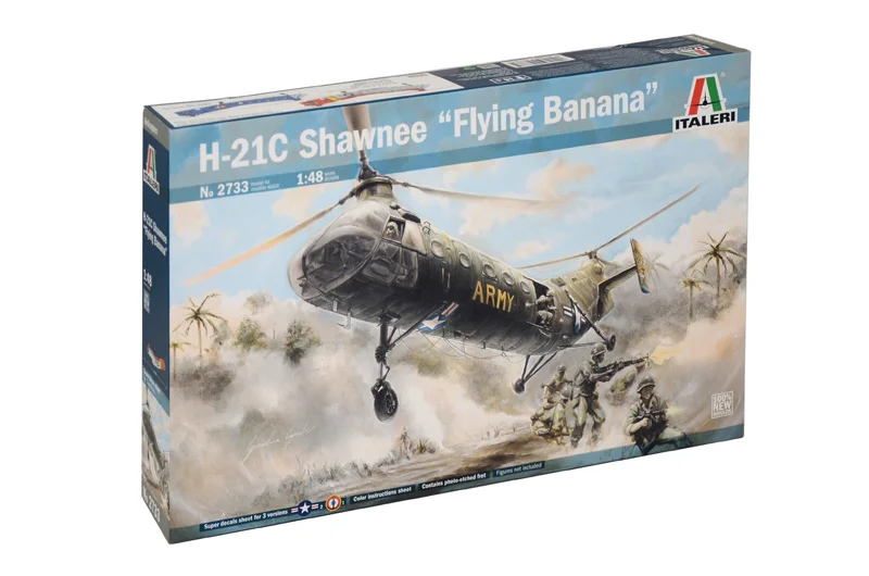 Italeri: 2733 H-21C Shawnee "Flying Banana" De Piasecki H-21 Shawnee was een van de eerste Helikopters met tandemrotors zoals we die ook van bij de Chinook Helikopters kennen. Dit toestel werd gebouwd door Piasecki Helicopter - later werd dit Vertol - en heeft als meest bekende bijnaam "de vliegende banaan". De H-21 Shawnee werd veelvuldig gebruikt voor militaire doeleinden maar ook privaat werd hij soms ingezet.