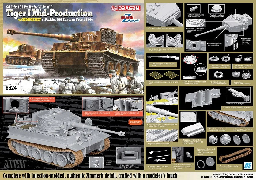 6624 Sd.Kfz.181 Pz.Kpfw.VI Ausf.E "Tiger I Mid-Production + Zimmerit S.Pz.Abt.506 Eastern Front 1944, Dragon, Schaal 1/35