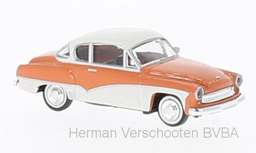 27155 Wartburg 311 Coupe, zalmrood/wit, Brekina