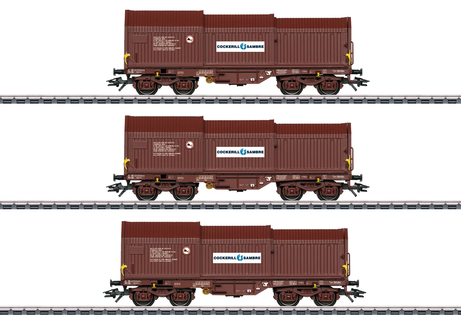 Shimmns, NMBS | Spoor H0 - Art.Nr. 46873 Set goederenwagens met drie telescoopdakwagens Voorbeeld: Drie verschillende vierassige telescoopdakwagens type Shimmns van de Belgische spoorwegen (SNCB/NMBS). Bruine basiskleurstelling.
