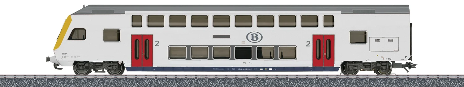 Doppelstockwagen-Set, NMBS | Spur H0 - Art.Nr. 43573 Thematisch aanvullingspakket "Personentrein tijdperk VI" Voorbeeld: Een dubbeldeks-stuurstandrijtuig 2e klasse en een dubbeldeksrijtuig 2e klasse van de NMBS/SNCB.