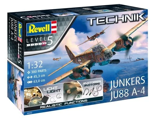 0452 Junkers JU88 A-4 "Technik", Revell De Ju88 was een van de standaard gevechtsvliegtuigen van de Luftwaffe in de Tweede Wereldoorlog. De A-4 versie is de meest gebouwde en wordt gekenmerkt door een grotere spanwijdte en een krachtigere afweerbewapening. Inbegrepen in deze bouwdoos: - Individueel op deze kit afgestemde en direct bruikbare elektronicacomponenten met handige stekkerverbindingen. - LED's voor positie-, landingslichten en cockpitverlichting. - Elektromotoren voor de beide propellers. - Voorgeprogrammeerde besturingsunit voor weergave van realistische startsequentie. - Batterijbox (4x 1,5V AA-baterijen, niet inbegrepen). - Plastic modelbouwkit voor een Junkers Ju88 A-4 met vele details. - Decals voor 2 versies van de Luftwaffe.
