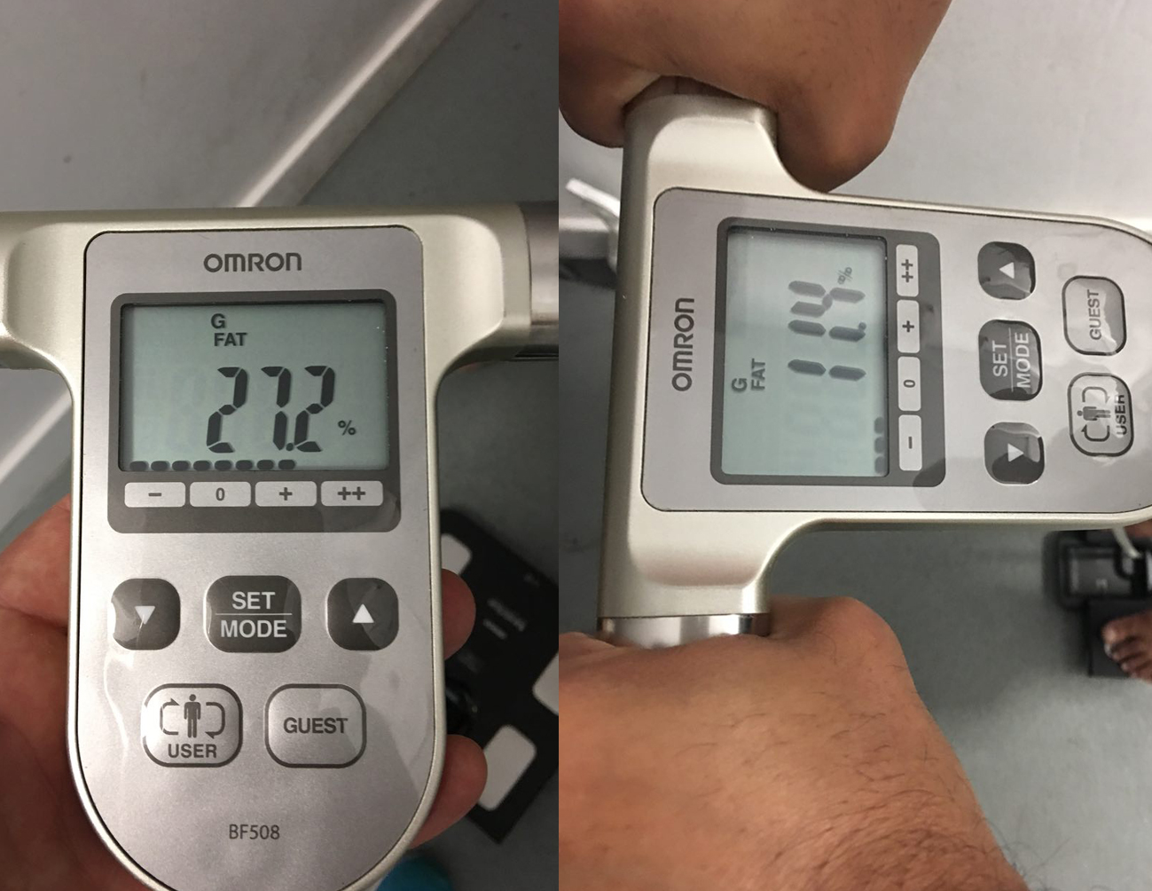 Before and after body fat percentage estimate (BIA)