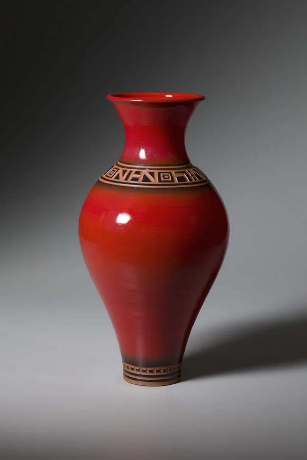 Vase in Red & Black with Carving $195