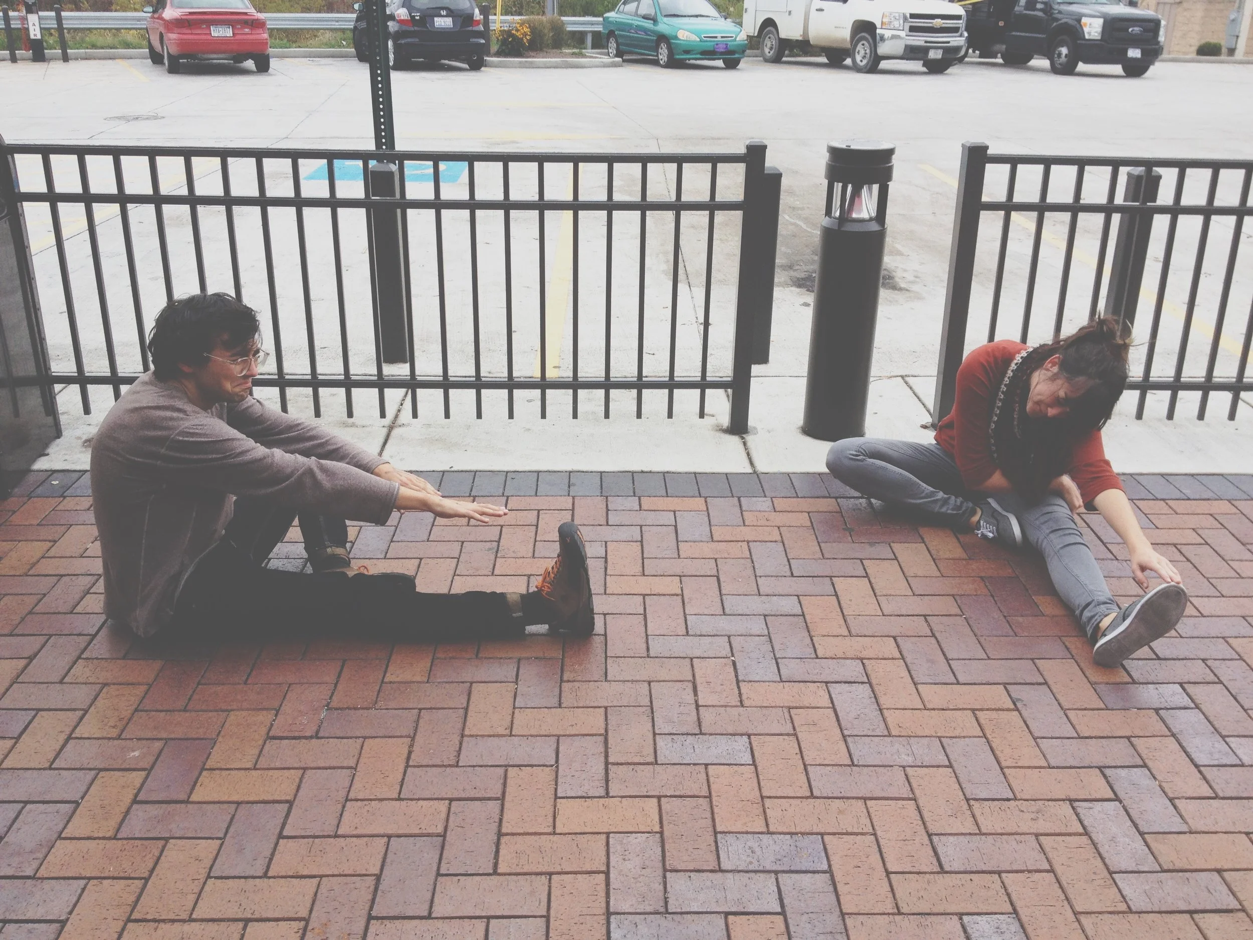 Molly & Mason joining me in our morning stretch routine during our fall 2012 adventures with Timbre.