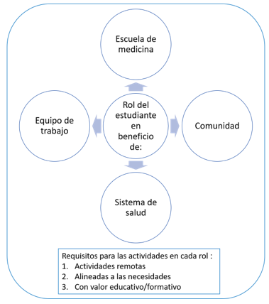 Figura 1. Diagrama de los roles de los estudiantes y los requisitos sugeridos para las actividades a realizar según el entorno. Adaptado de las estrategias de Long (14).