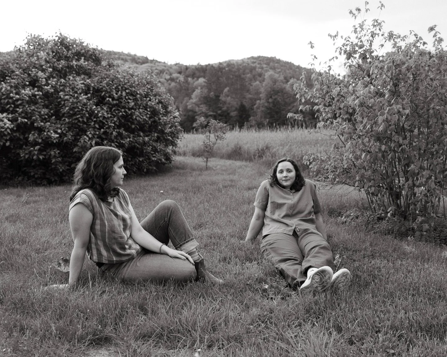 A moment with Zoe &amp; Susanna one morning last May.

We had just eaten breakfast and decided to go for a stroll around the restaurant to photograph them at that time in their story, living in Vermont. 

They ended up settling in together on the gra