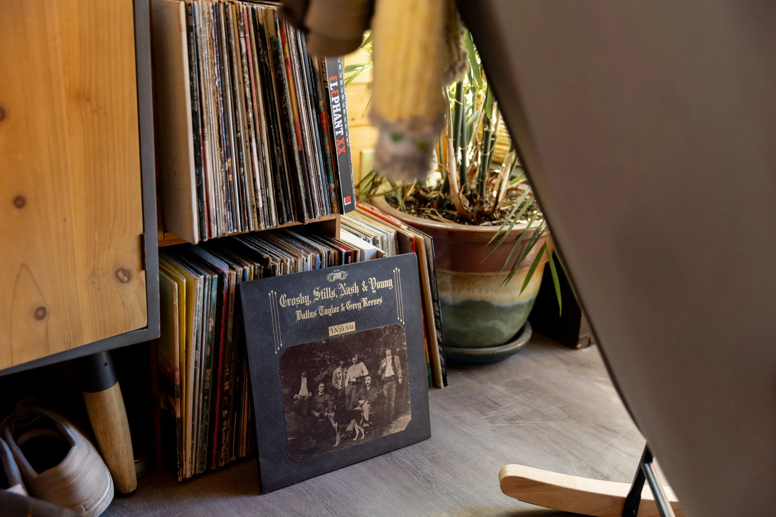 Details of a record collection during an at home photography session in Maine. Photography by Sienna Renee Photography.