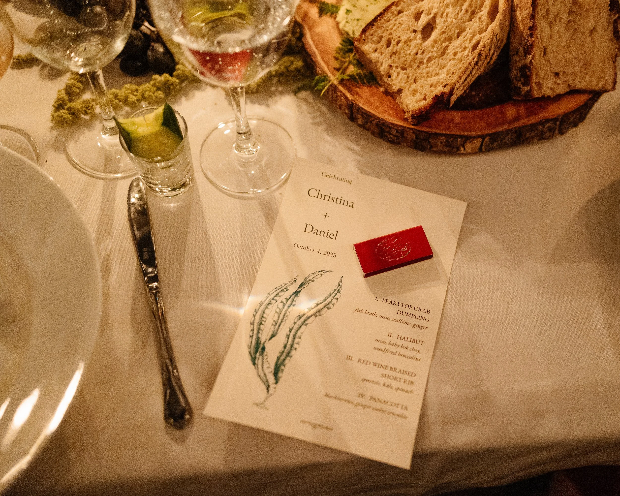 Details of a table during a wedding celebration at Aragosta in Deer Isle, Maine. Photography by Sienna Renee Photography.