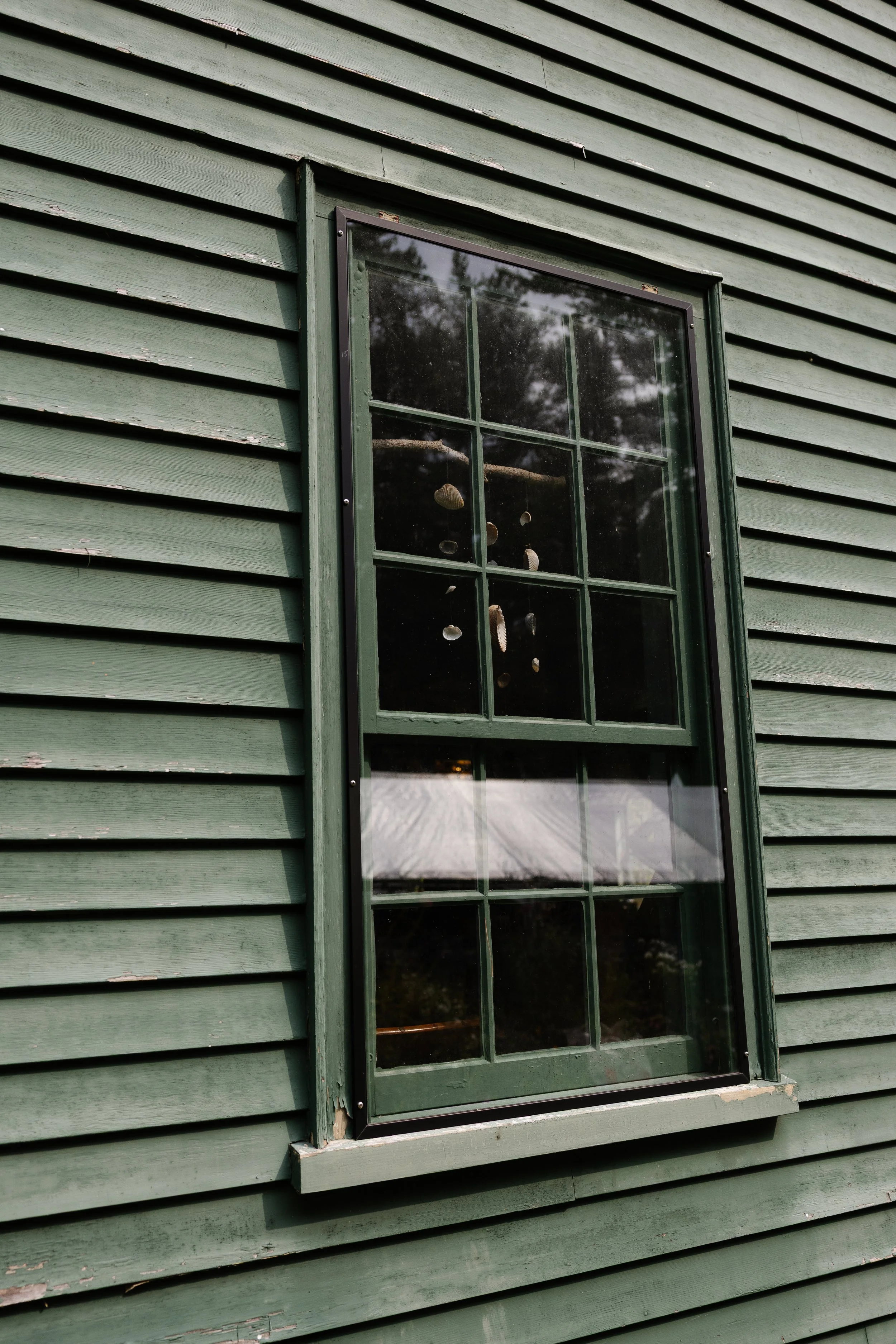 Shells hang in a window of a family home during a backyard wedding in Maine. Photography by Sienna Renee Photography.