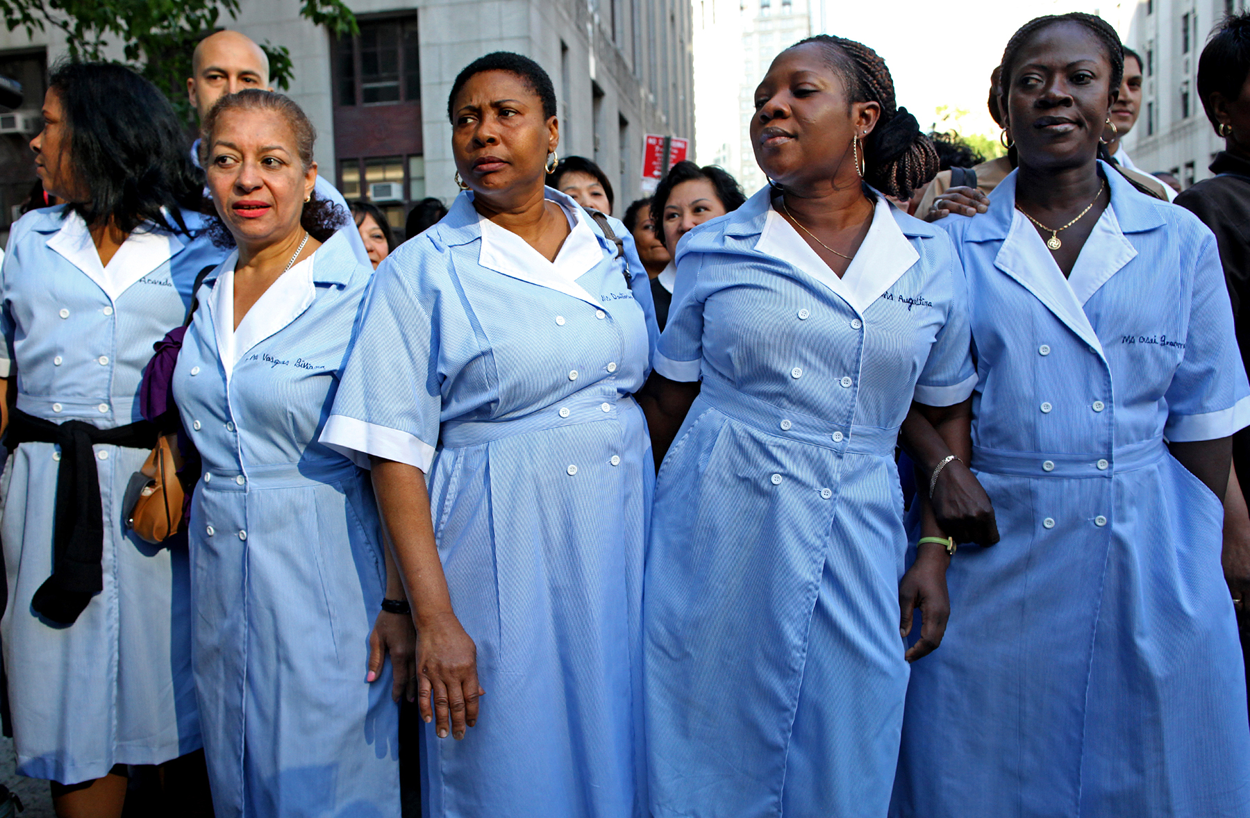  Housekeepers wait outside court for Dominique Strauss-Kahn, accused in sexual assault of colleague, 2011 