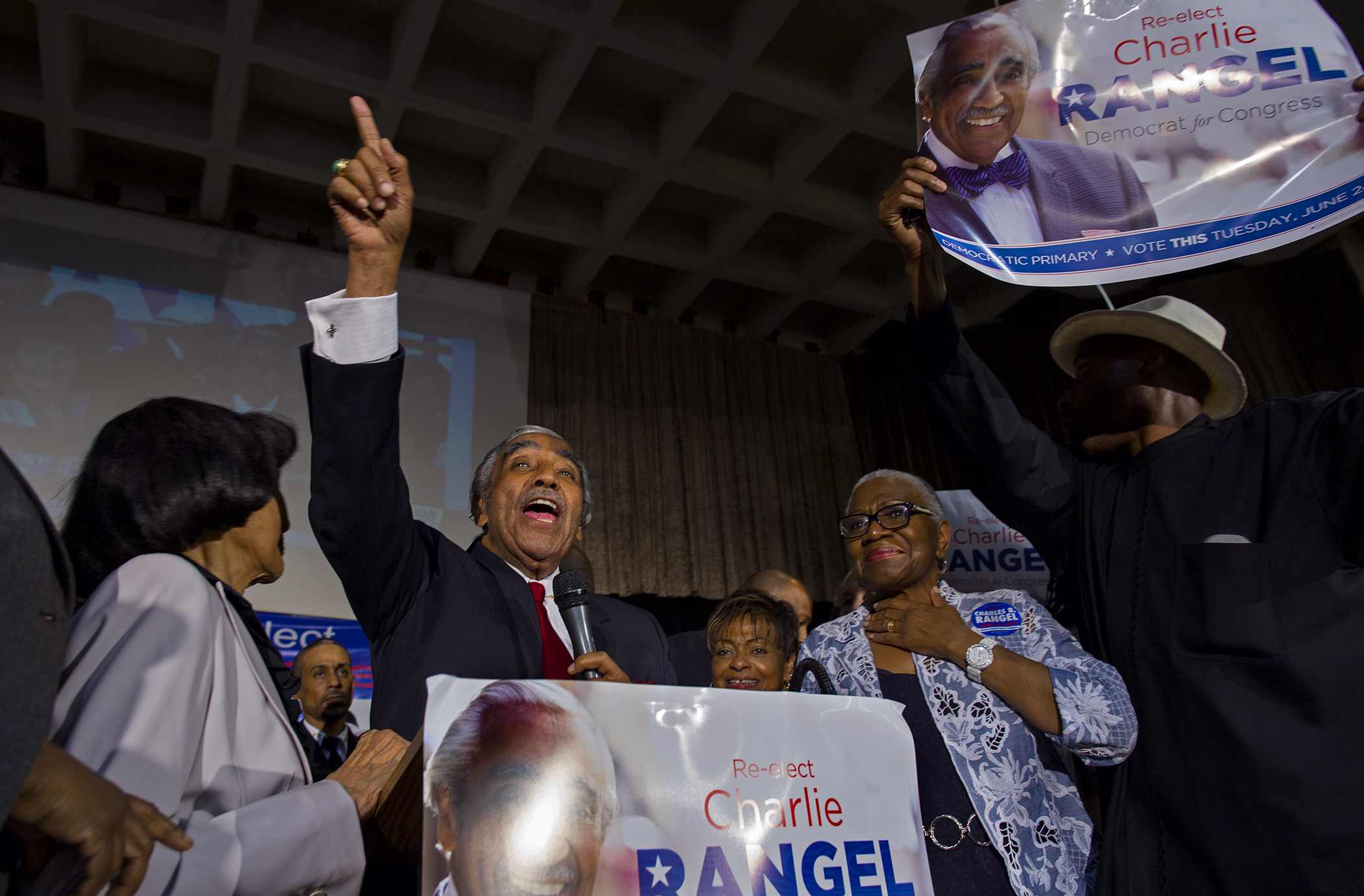  Rep. Charlie Rangel wins primary, 44th year in office, Harlem, 2014 