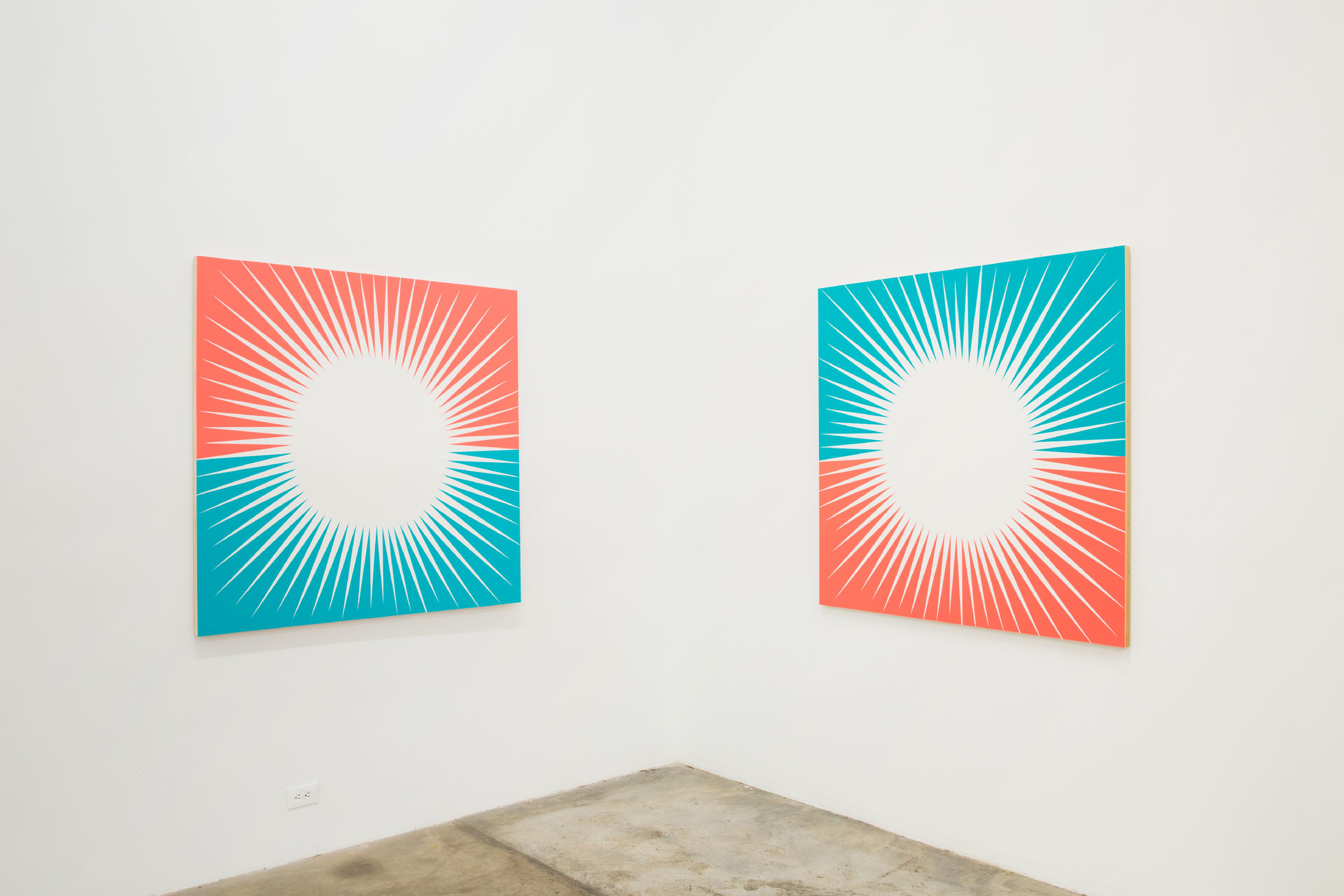 Sun Burn (Split) 1 &amp; 2, 2014, acrylic screen-print on paper on wood panel, each 52 x 52 inches