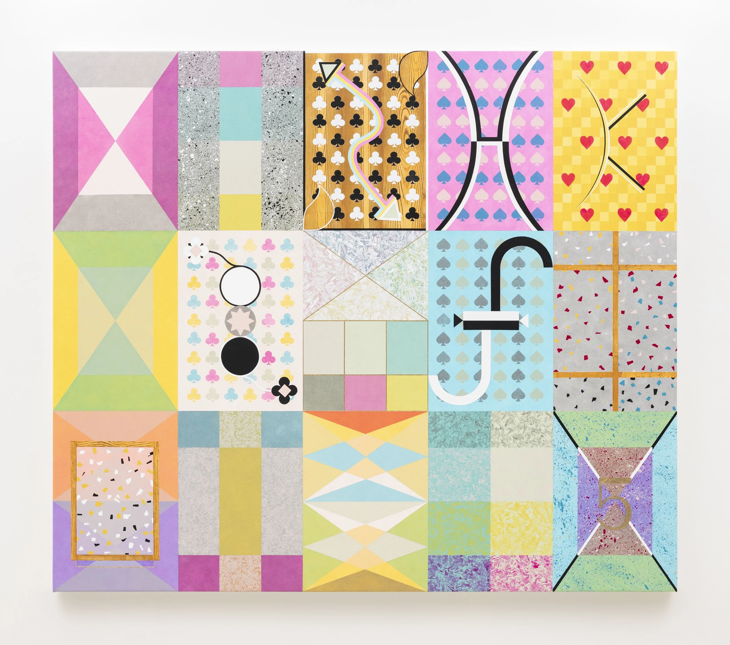 All In (Three Hands), 2025, acrylic paint and metal leaf on canvas, 58 x 67 inches