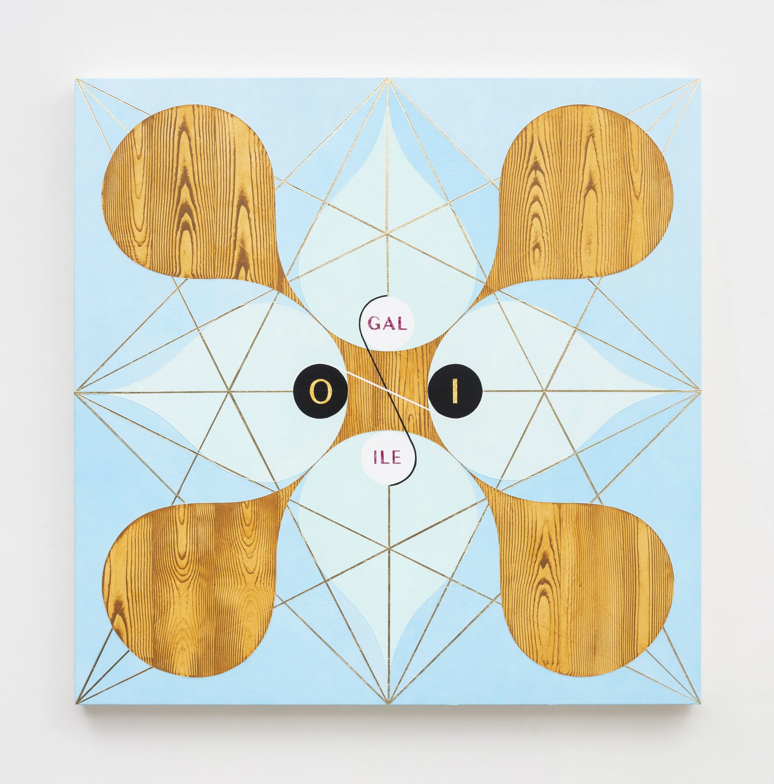 Galileo’s Fidget Spinner, 2025, acrylic paint and metal leaf on canvas over panel, 40 x 40 inches