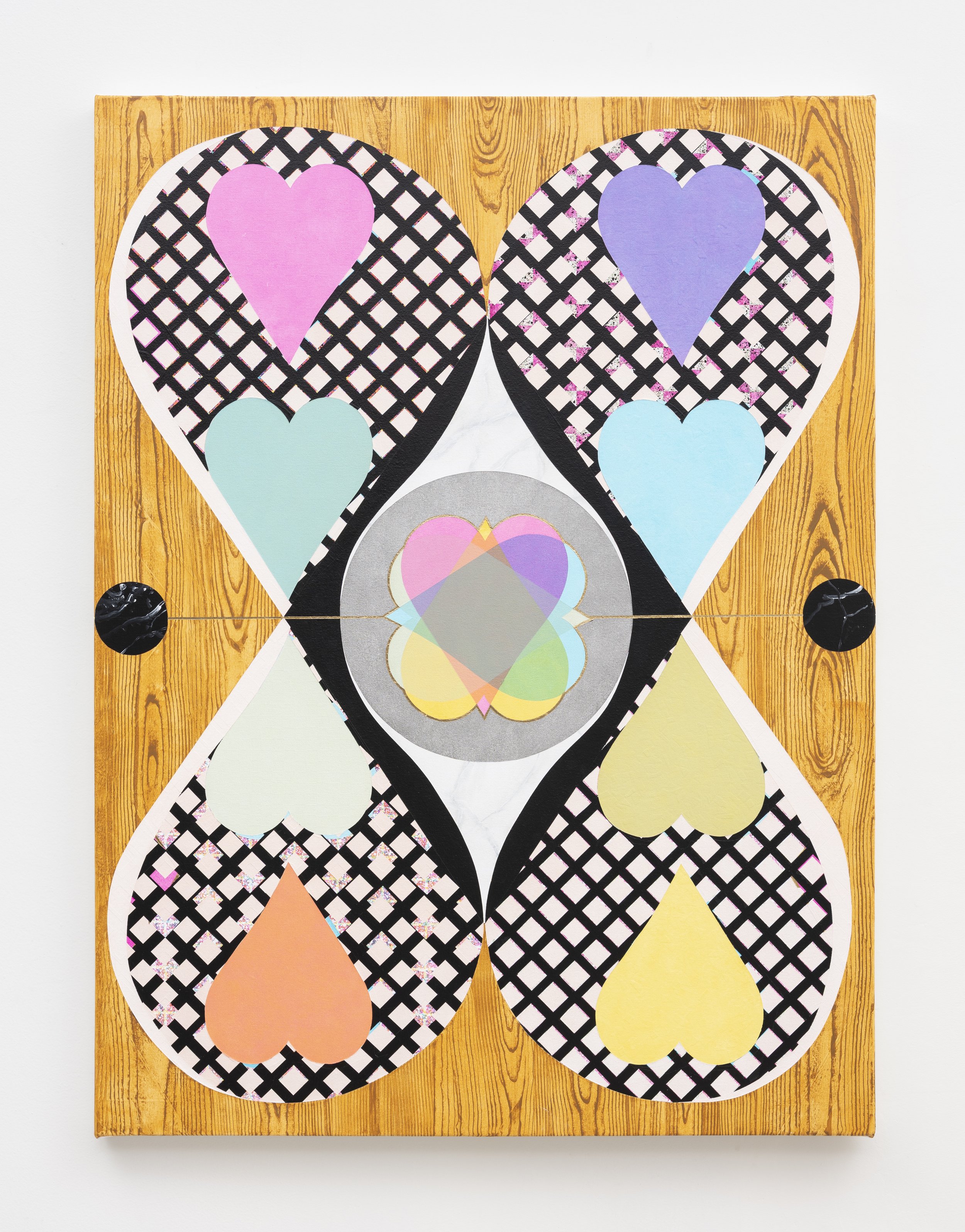 4.	Oh Elizabeth! Nine of Hearts, 2025, acrylic paint and metal leaf on canvas, 48 x 36 inches