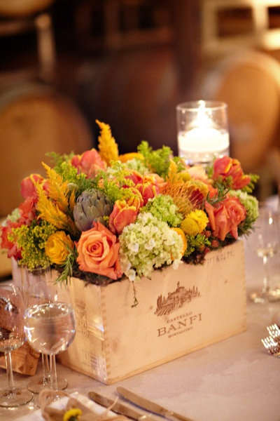 Vintage wine box centerpieces