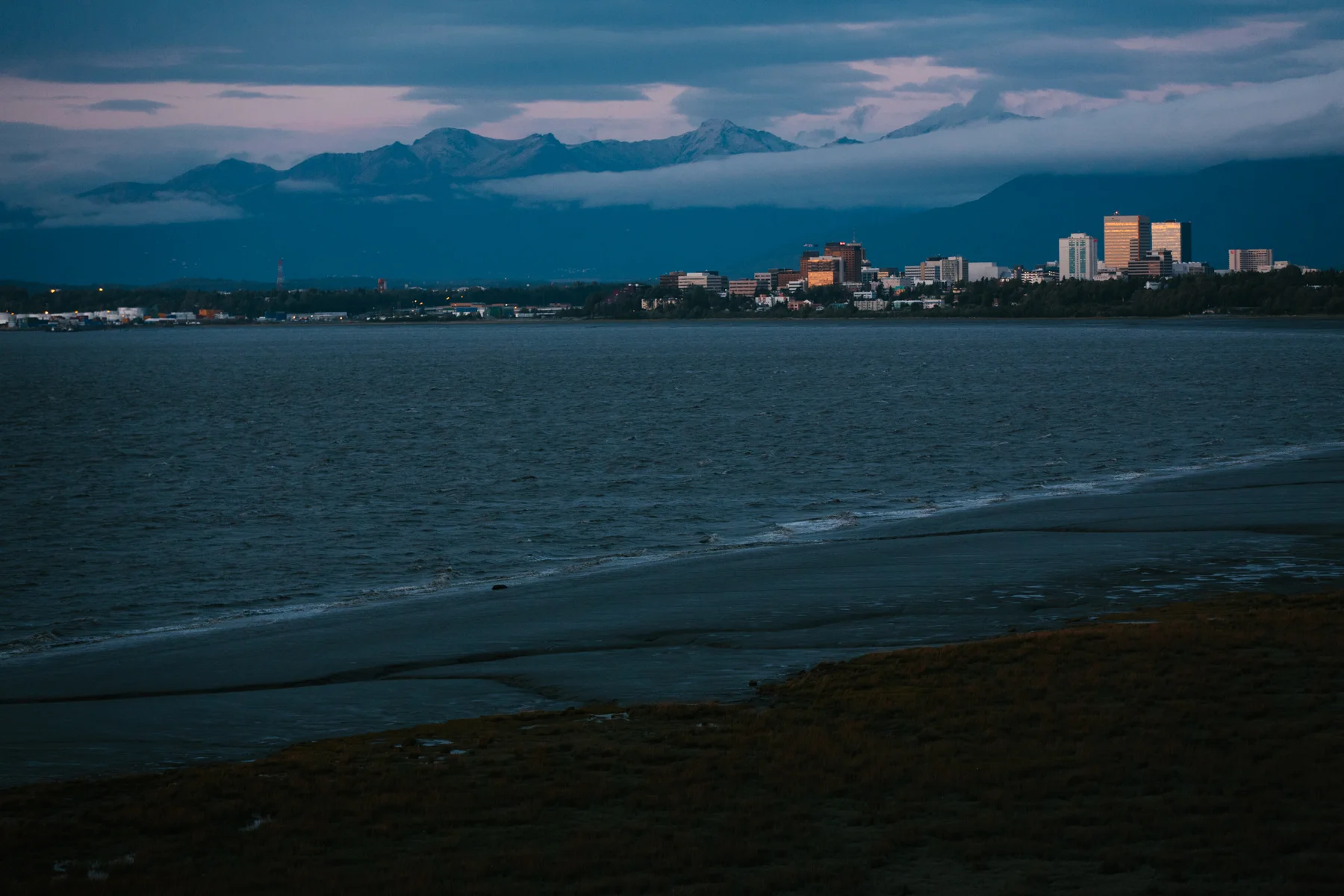 Downtown Anchorage, viewed across a portion of Cook Inlet.