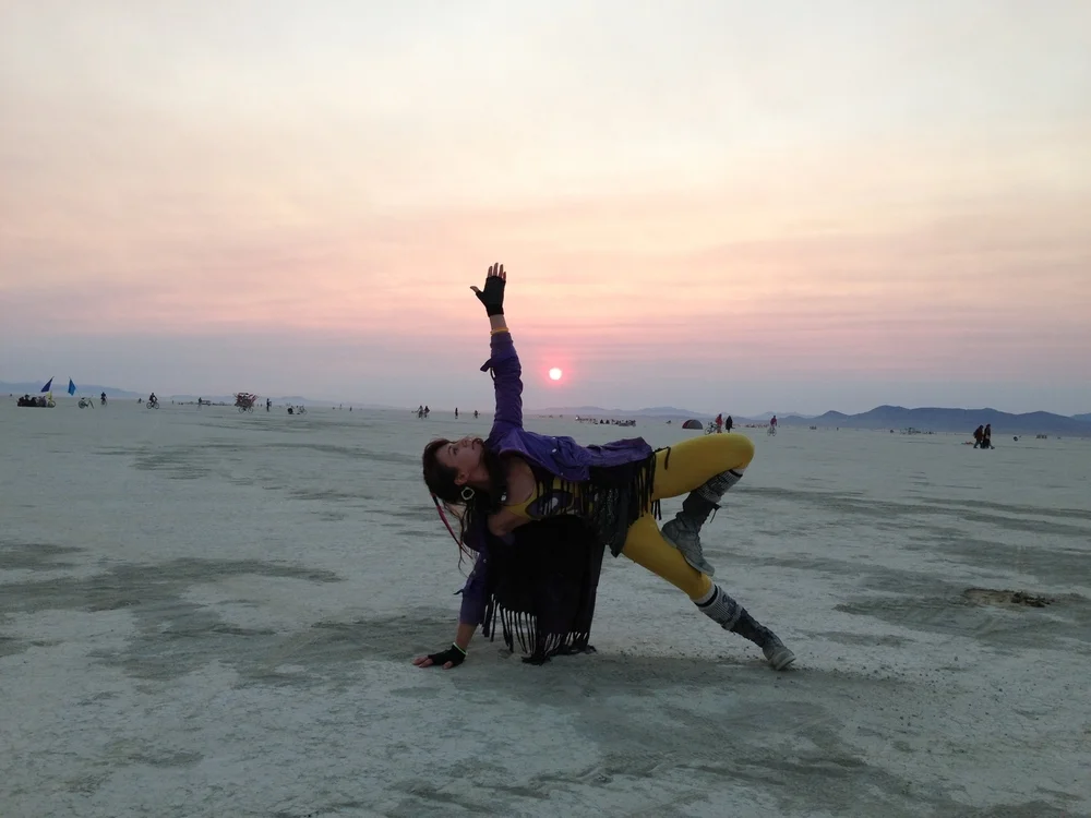In deep playa at sunrise, Burning Man 2013