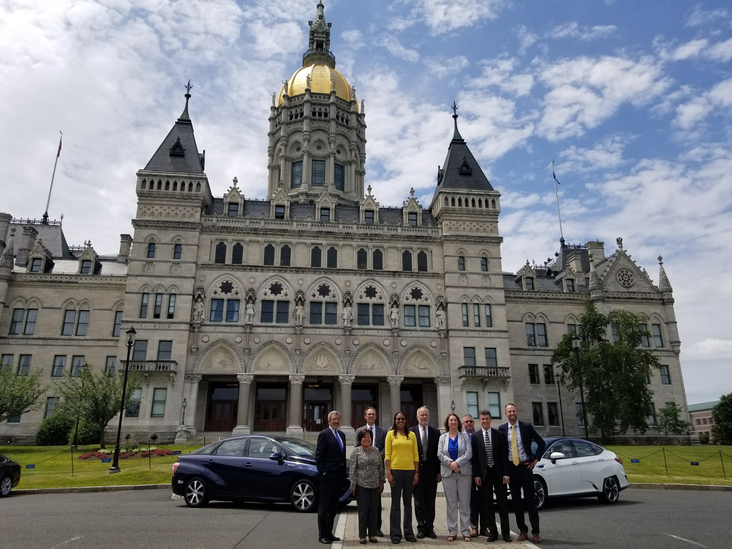 June 15: Outside the Connecticut State Capitol in Hartford, with the Honda Clarity and Toyota Mirai fuel cell vehicles on display.