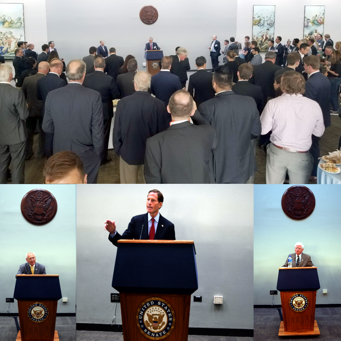Top: FuelCell Energy CEO Chip Bottone introduces Senator Graham at the reception. Bottom: Representative Tonko (left), Senator Blumenthal (center) and Representative Larson (right) deliver remarks before receiving their awards. 