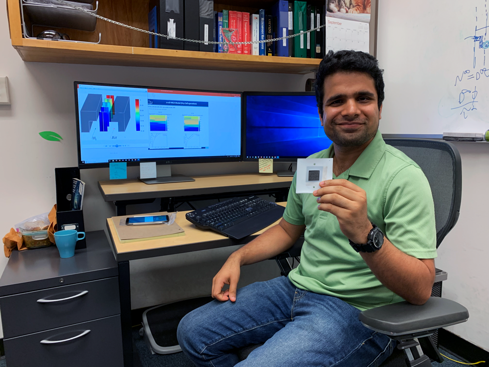 Post doc fellow Lalit Pant uses computer modeling to improve proton-exchange membranes. The goal: more efficient hydrogen fuel cells.