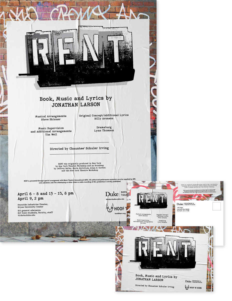 Promotional design for Duke Theater's production of RENT