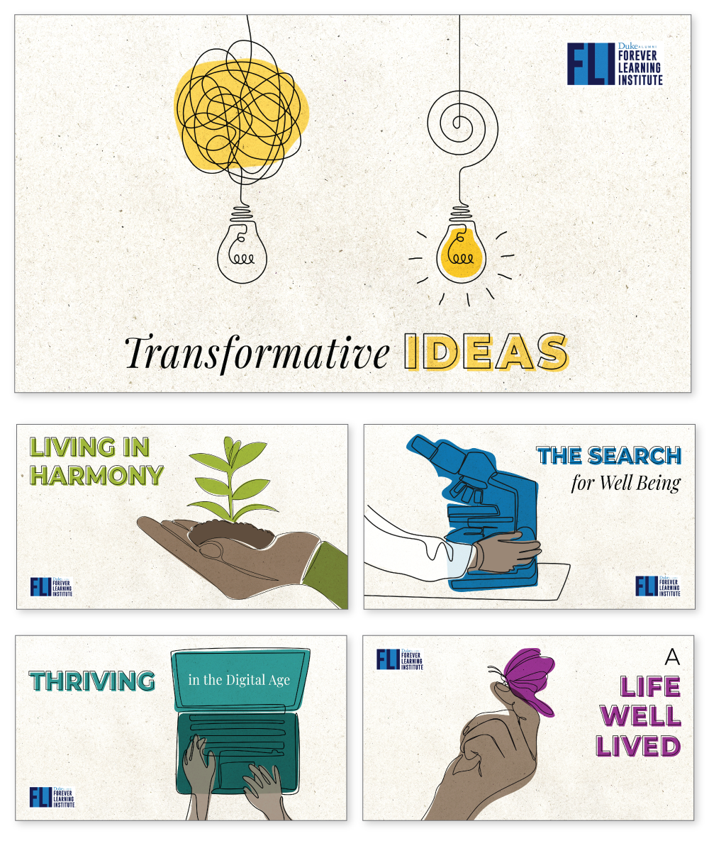 Web graphics for "Transformative Ideas" series at Duke Forever Learning Institute
