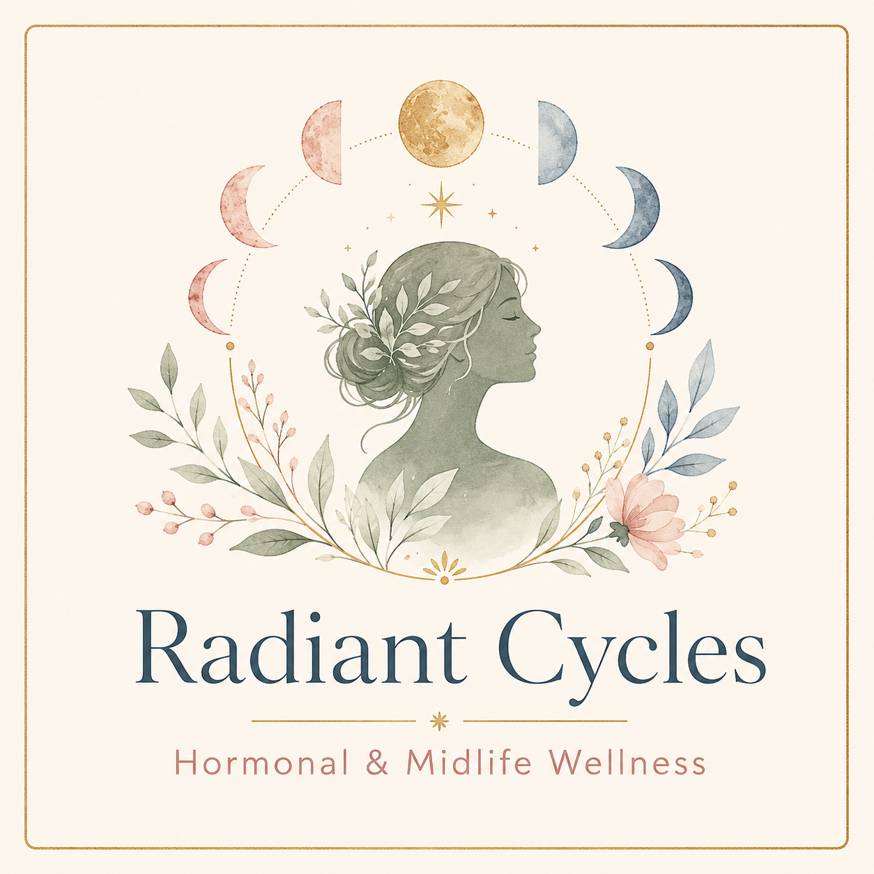 Radiant Cycles watercolor illustration with a feminine silhouette, moon phases and botanicals representing hormonal, perimenopause and menopause wellness.