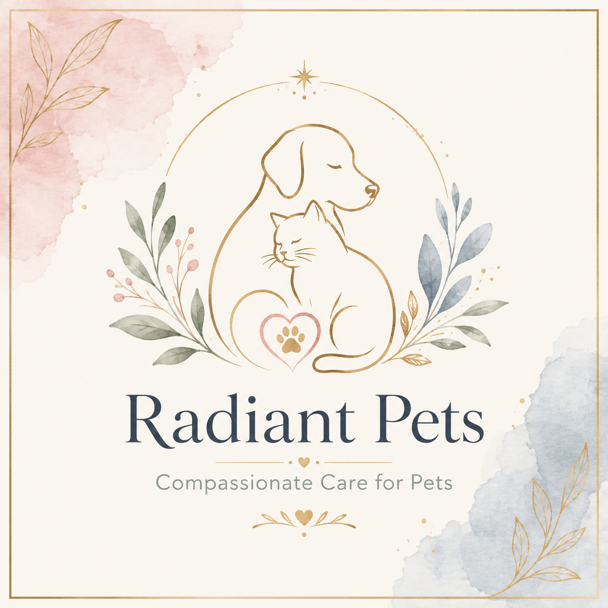 Radiant Pets watercolor illustration of a dog and cat with botanical accents representing compassionate holistic wellness support for pets.