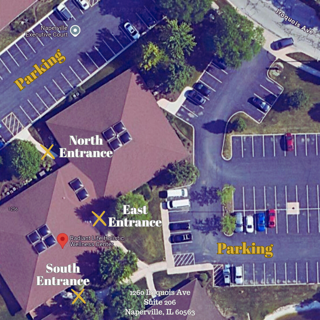 This google maps arial view image shows parking and entrance options for locating the Radiant life studio, suite 206 in Naperville.