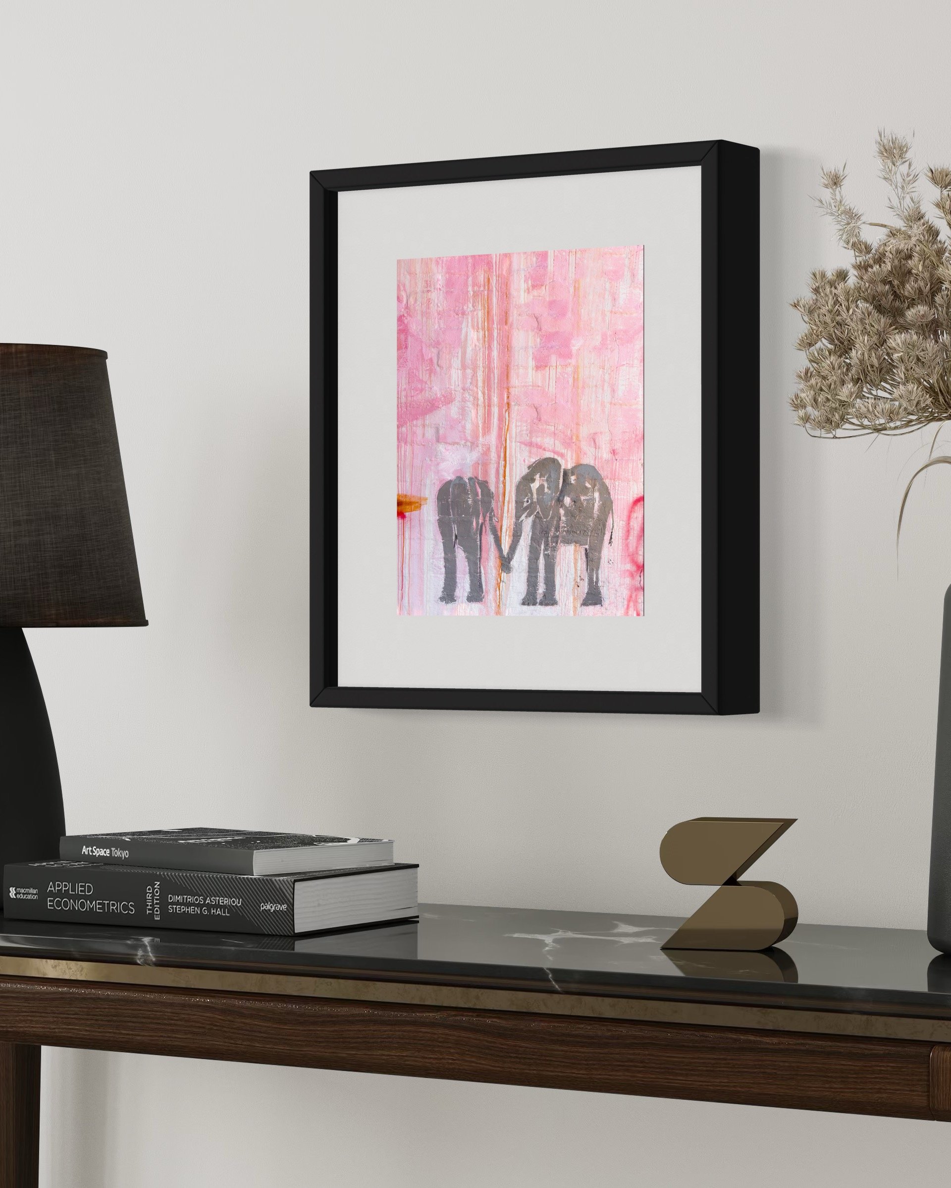 In room view of elephant art print featuring contemporary wildlife artwork by John Baran.